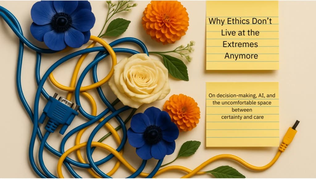 Blue and yellow cables intertwined with flowers beside two yellow notes showing the article title and its subtitle about certainty and care.